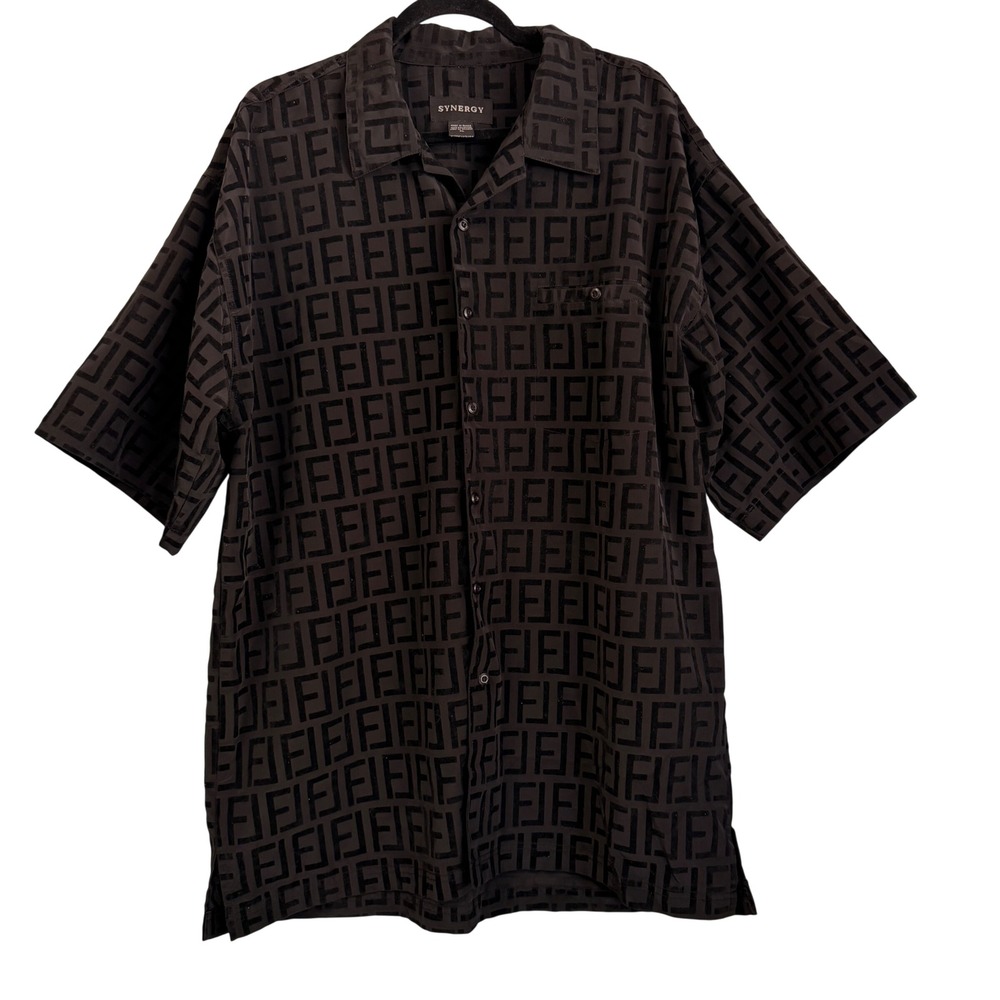 Synergy Mens XL Black Monogram Geometric Short Sleeve Button Down Shirt